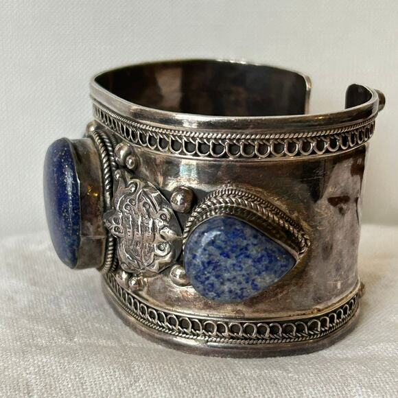 Vintage Sterling Silver & Lapis Lazuli Cuff Bracelet – 1970s Tribal Revival, 96g - Picture 2 of 8